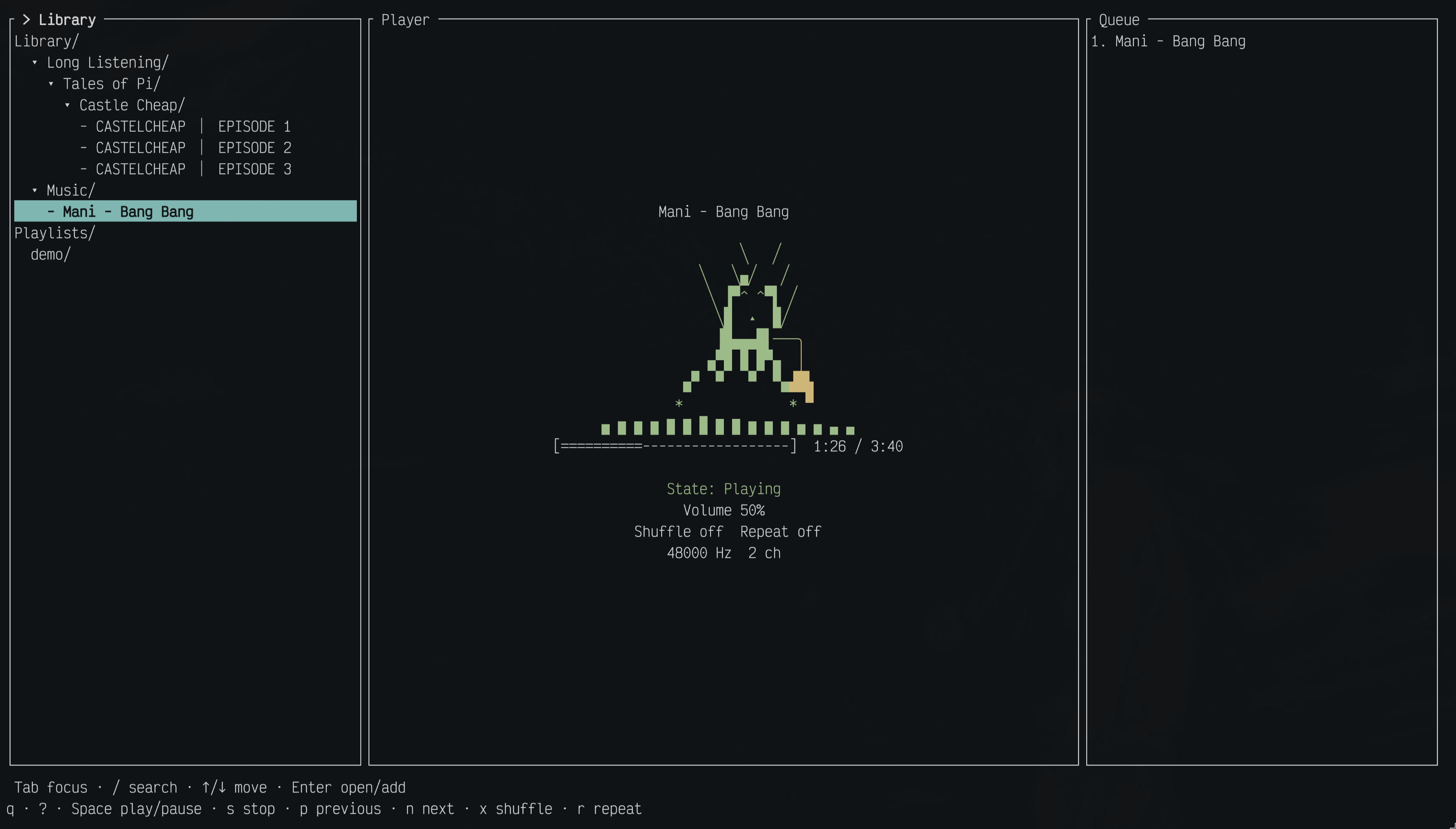 Suzumushi playing Mani - Bang Bang, with the folder library on the left, Suzu and the audio spectrum in the middle, and the queue on the right